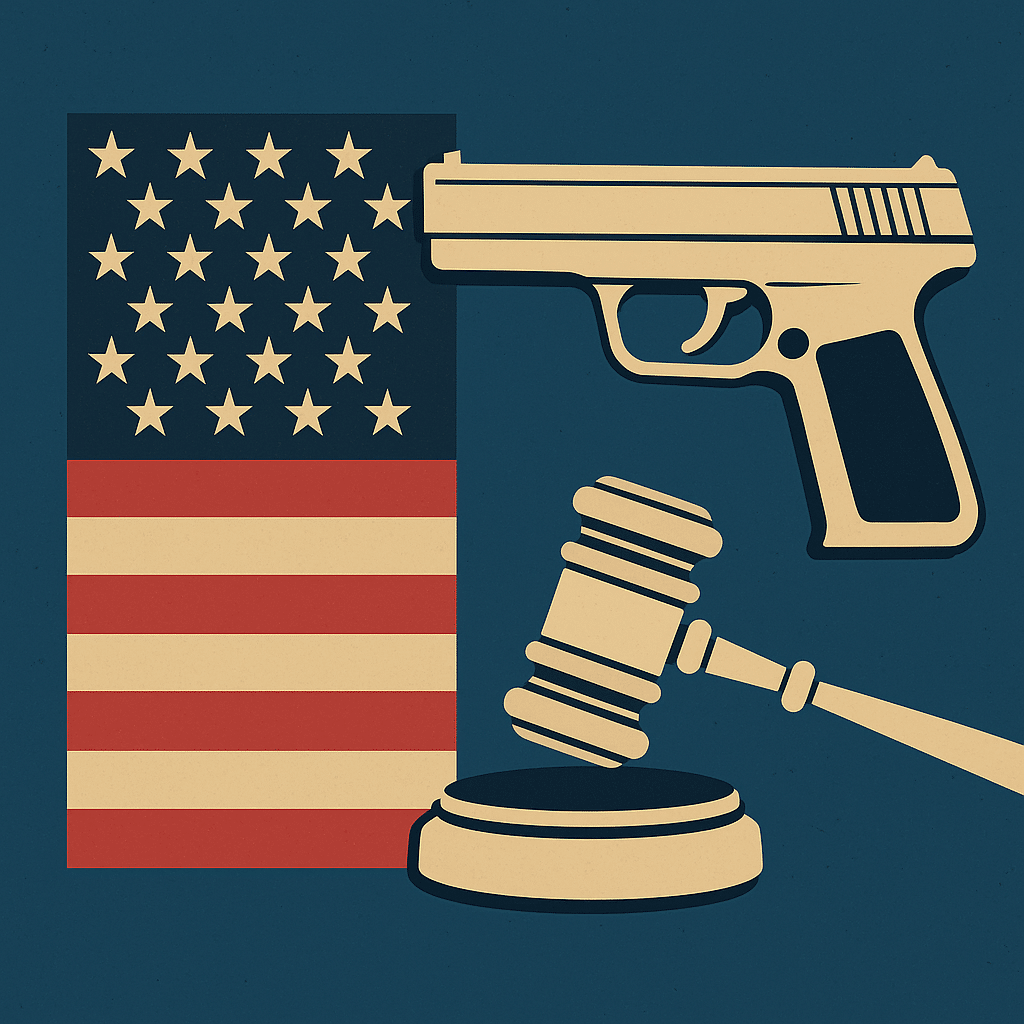 a gun and gavel next to a flag