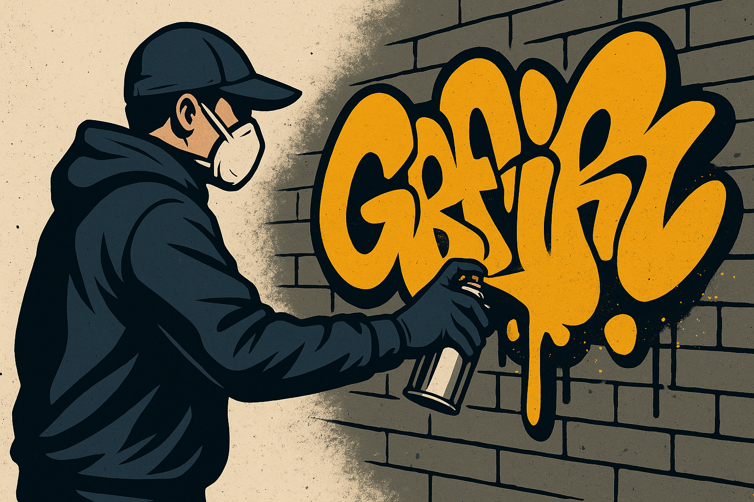 a man wearing a mask and holding a spray can over a wall with yellow graffiti