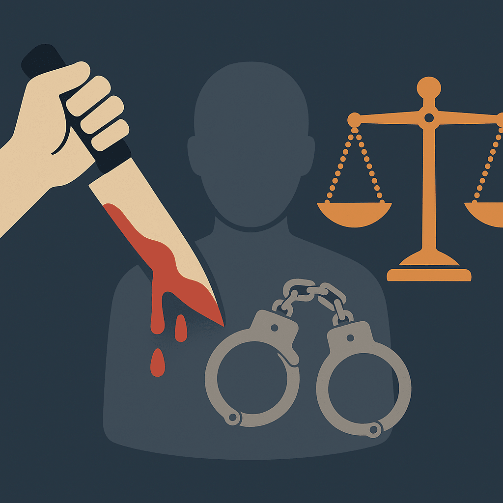 a hand holding a knife with blood and handcuffs