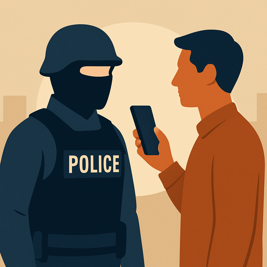 a man in a mask holding a phone to another man