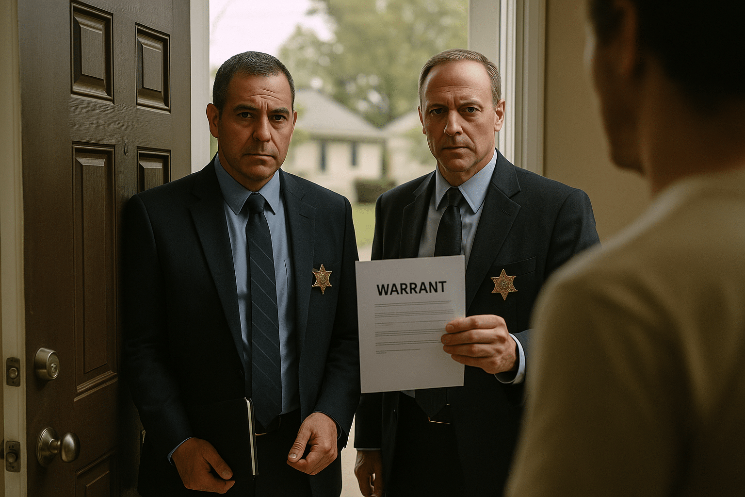 Two officers presenting a warrant.