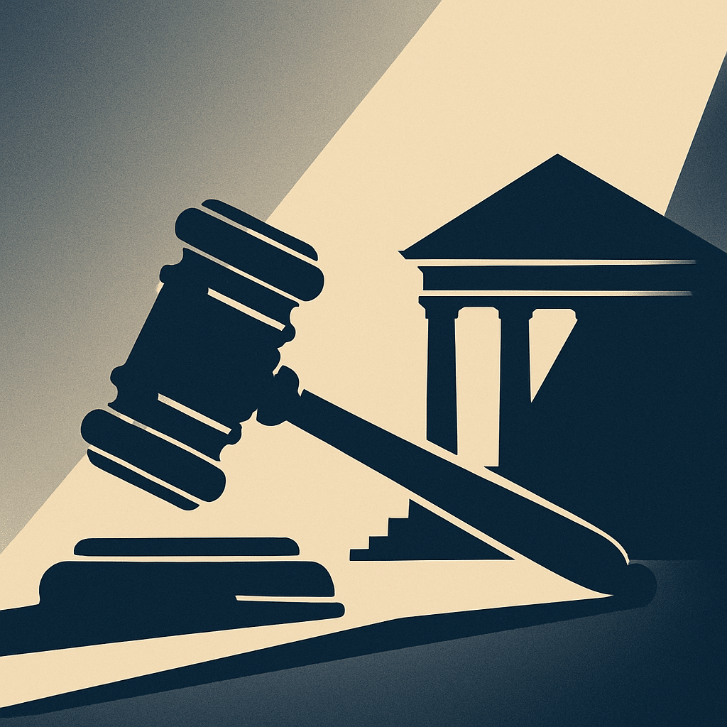 Gavel and courthouse silhouette illustration.