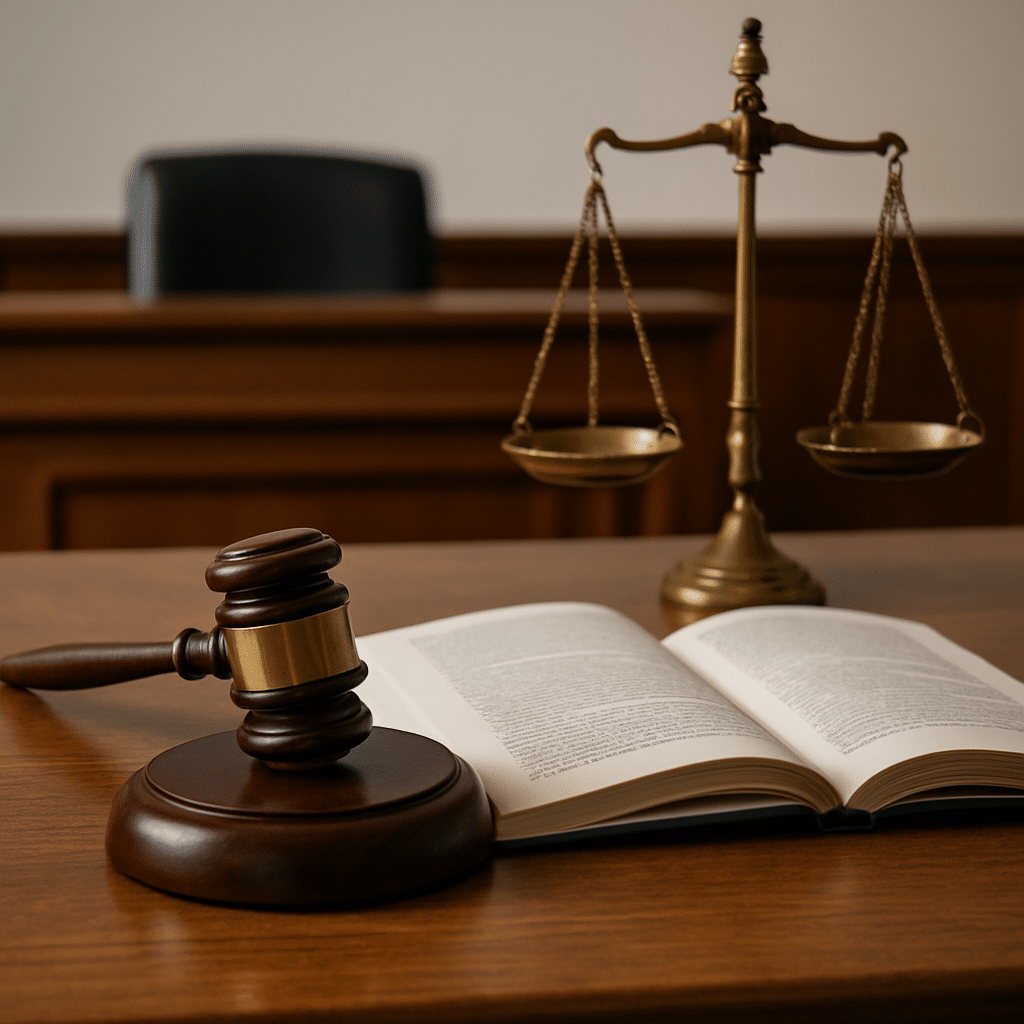 Gavel, scales, and open law book.