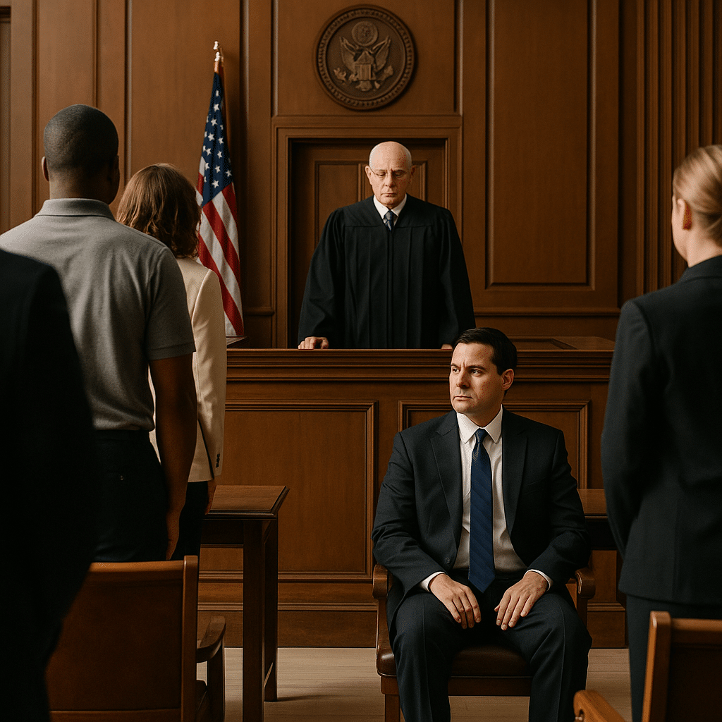 Courtroom scene with judge and audience.