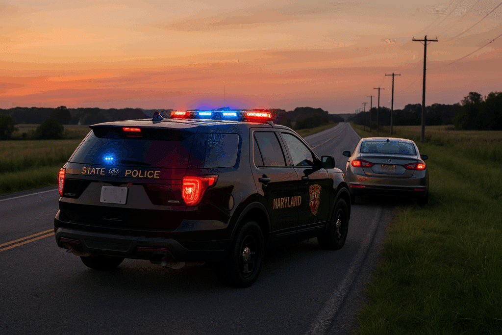 Police stopping a car at sunset.