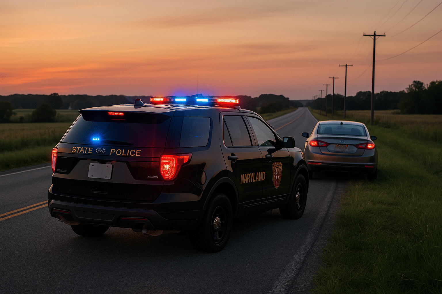 Police stopping a car at sunset.