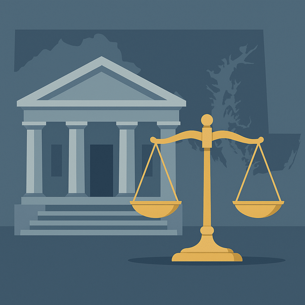 Court building with scales of justice