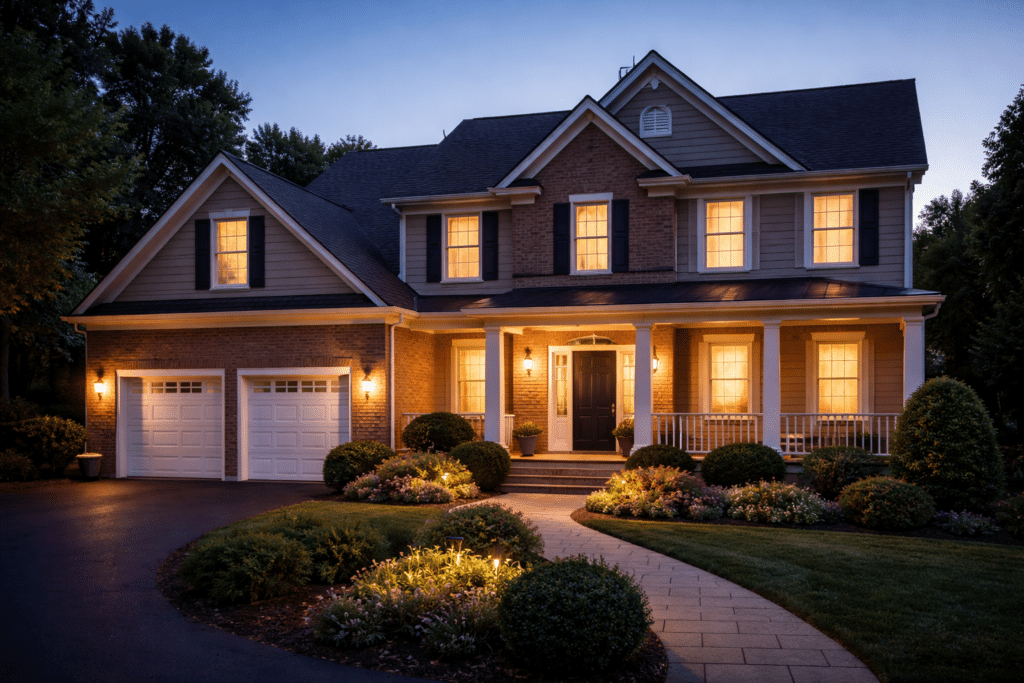 Elegant house illuminated at dusk.