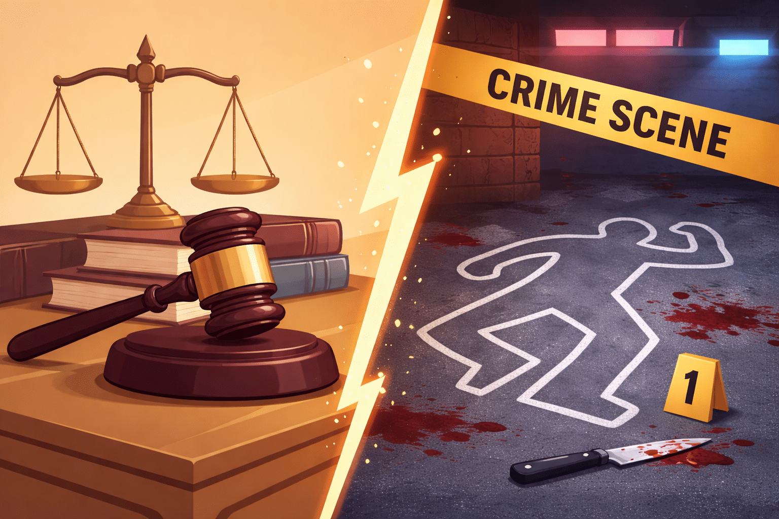 Justice and crime scene juxtaposition.
